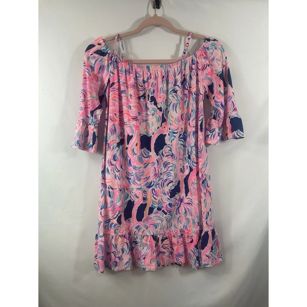 Lilly Pulitzer Kids XL 12-14 Flamingo Print Cold Shoulder Ruffle Dress Cotton